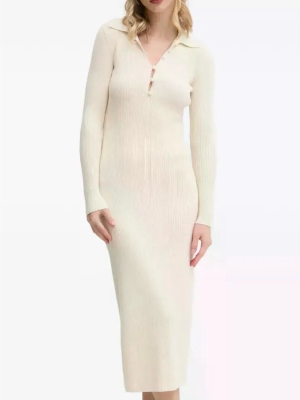 Abercrombie & Fitch Cream Long-Sleeve Ribbed Collared Maxi Dress